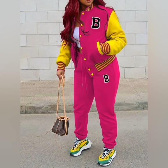 2 Pc: Pink & Yellow Varsity Jacket & Jogger Pants w/Letter “B” Embroidery, NIP - Picture 1 of 8